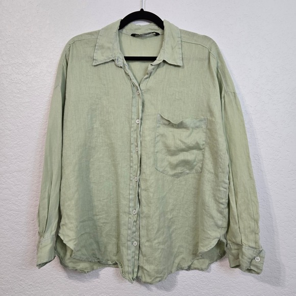 Zara Tops - Zara Womens L Sage Green 100% Linen Long Sleeve Button Down Shirt Top